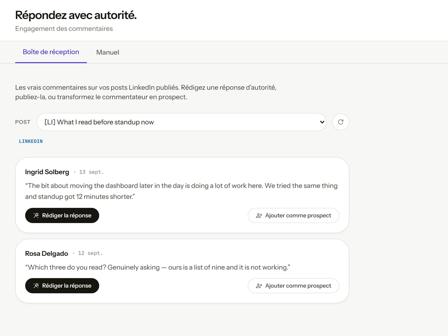 La boîte d’engagement : les vrais commentaires d’un post publié, prêts pour une réponse rédigée.