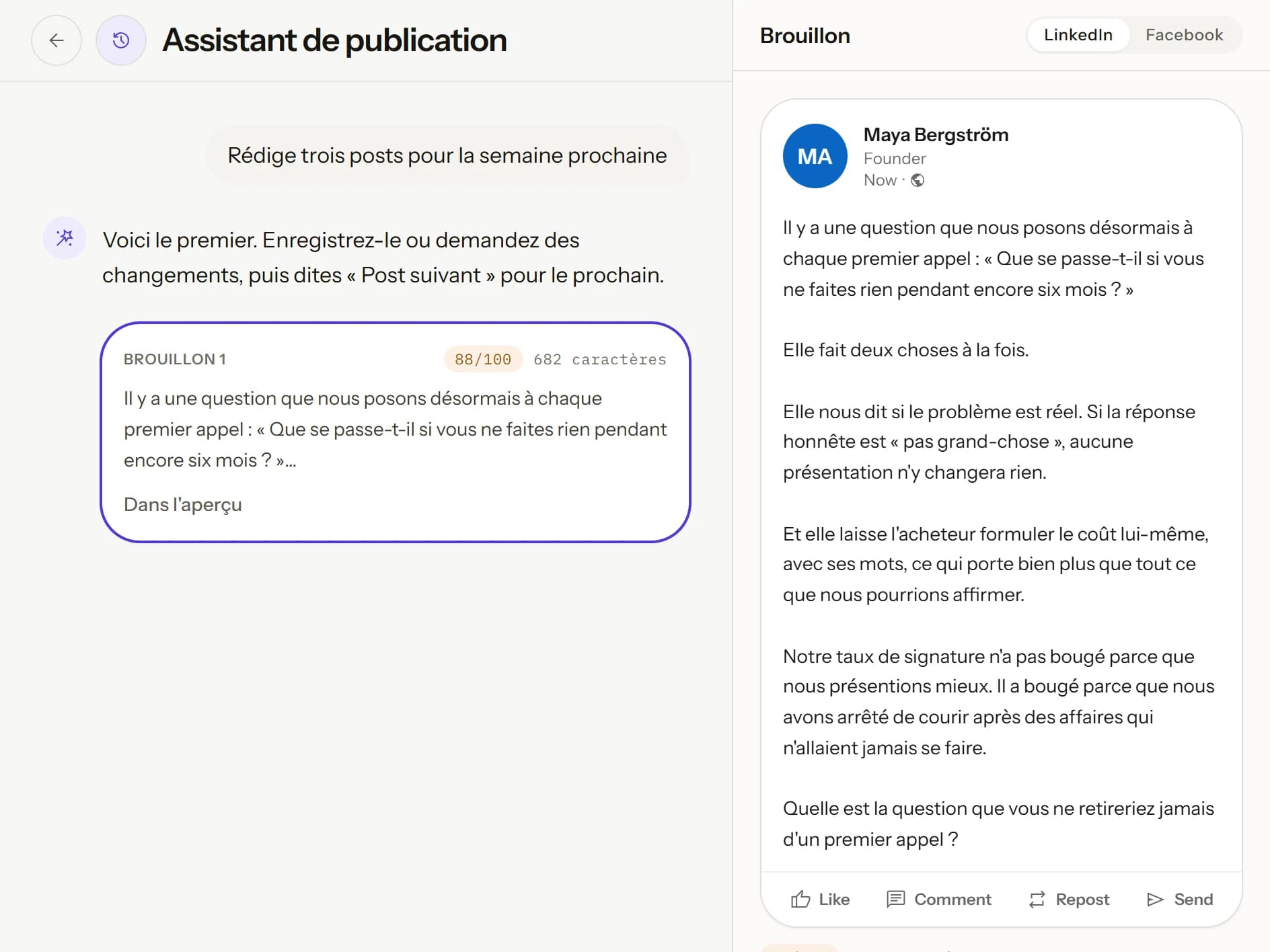 L’assistant de publication : la conversation à gauche, le brouillon affiché comme un post LinkedIn à droite, avec Enregistrer et Programmer.