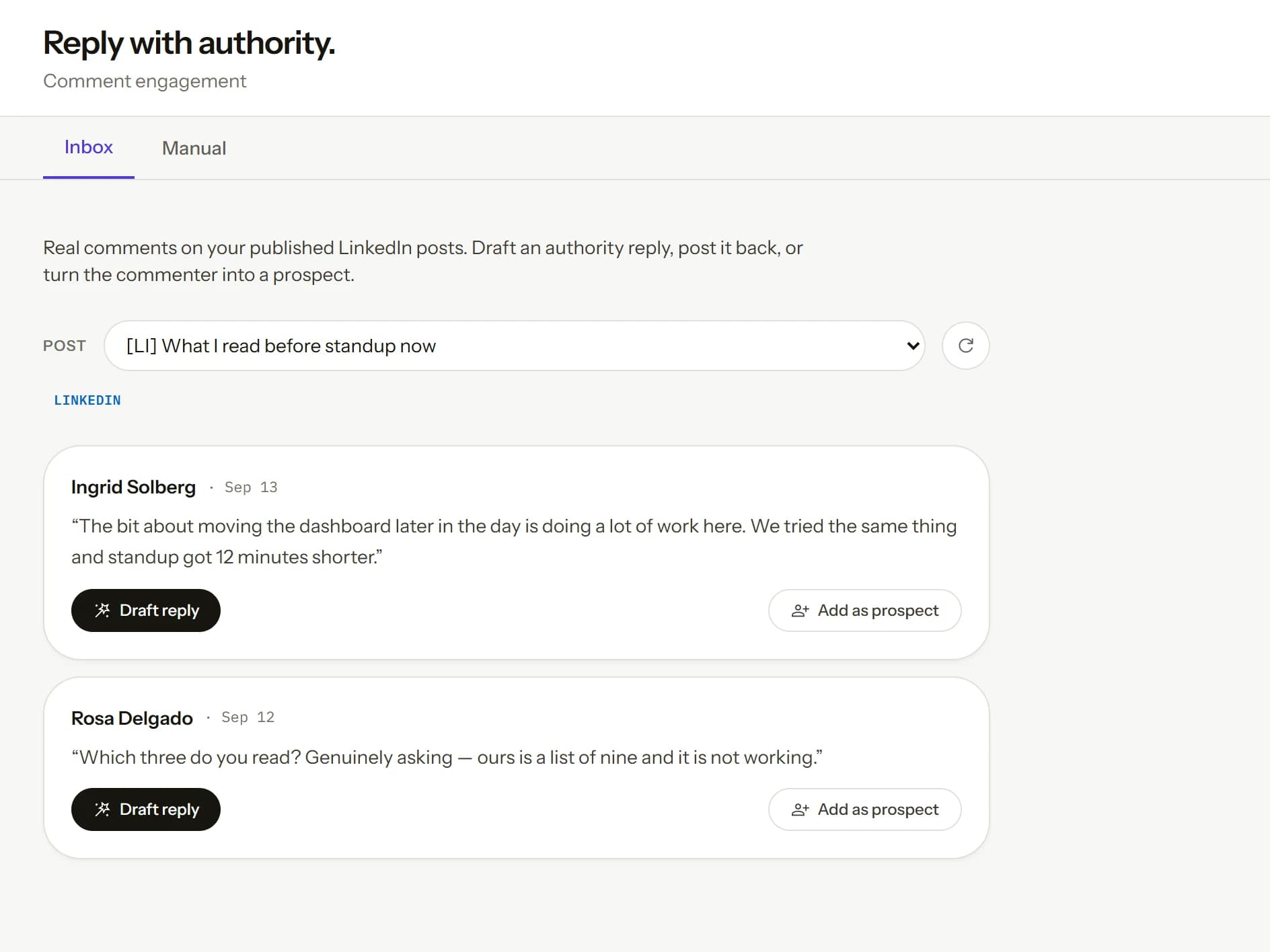 The Engagement inbox: real comments on a published post, ready for a drafted reply.