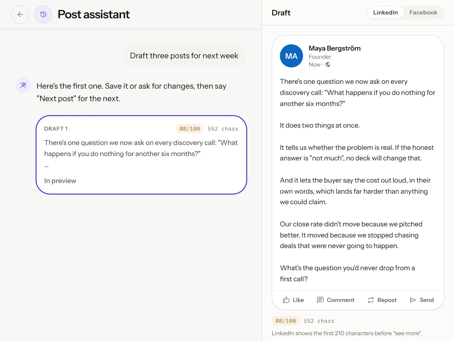 The Post assistant: the conversation on the left, the draft shown as a LinkedIn post on the right, with Save and Schedule.